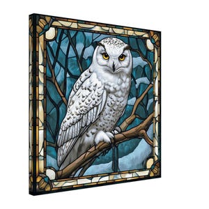 Snowy Sentinel, Stained Glass Canvas Art of a Snow Owl, Faux Stained Glass Artwork