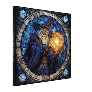 Mystical Sorcerer, Stained Glass Canvas Art of a Wizard, Faux Stained Glass Artwork