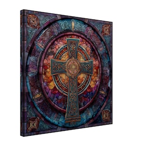 Celtic Cross, Stained Glass Canvas Art of an Intricate Religious Symbol, Faux Stained Glass Artwork