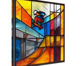 May include: A stained glass artwork depicting a skateboarder in mid-air, performing a trick over a ramp. The artwork features a vibrant color palette of blue, red, yellow, and orange.