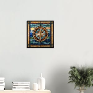 Nautical Navigator, Stained Glass Canvas Art of a Nautical Compass, Faux Stained Glass Artwork image 2