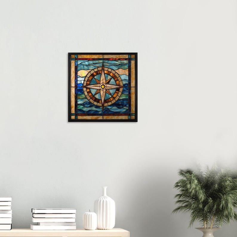 Nautical Navigator, Stained Glass Canvas Art of a Nautical Compass, Faux Stained Glass Artwork image 2