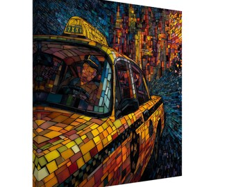 City Cab Journey, Stained Glass Canvas Art of a New York Taxi, Faux Stained Glass Artwork