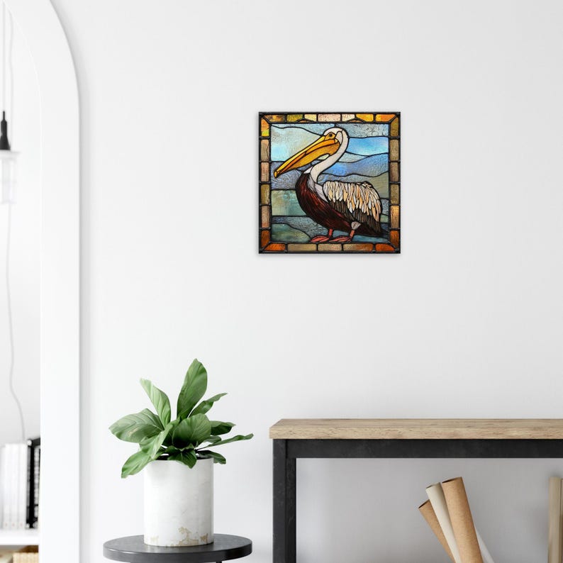 Guardian of Sanctuary, Stained Glass Canvas Art of a Noble Pelican, Faux Stained Glass Artwork image 2