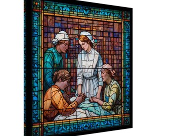 The Caregivers' Compassion, Stained Glass Canvas Art of Nurturing Figures, Faux Stained Glass Artwork