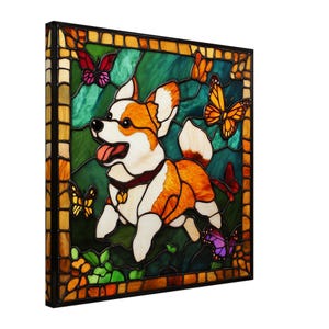 Playful Corgi Delight, Stained Glass Canvas Art of a Playful Corgi, Faux Stained Glass Artwork