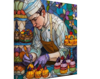 The Pastry Artist, Stained Glass Canvas Art of a Baker Decorating Desserts, Faux Stained Glass Artwork