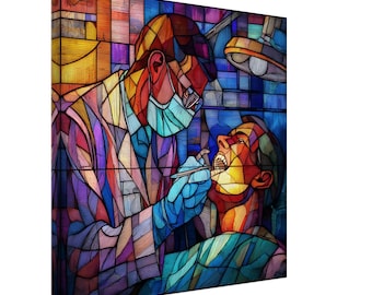 The Healer's Precision, Stained Glass Canvas Art of a Dentist at Work, Faux Stained Glass Artwork