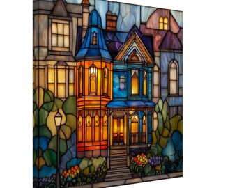 Victorian Charm, Stained Glass Canvas Art of an Illuminated House, Faux Stained Glass Artwork