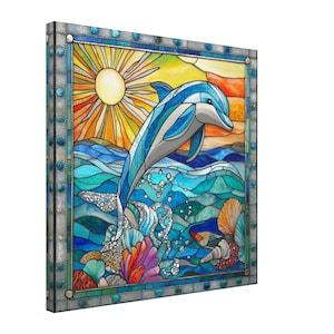 Playful Dolphin Delight, Stained Glass Canvas Art of a Playful Dolphin, Faux Stained Glass Artwork