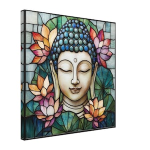Meditating Buddha, Stained Glass Canvas Art with Lotus Flowers, Faux Stained Glass Artwork