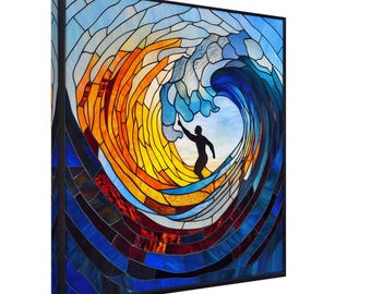 The Perfect Wave, Stained Glass Canvas Art of a Surfer Riding a Wave, Faux Stained Glass Artwork