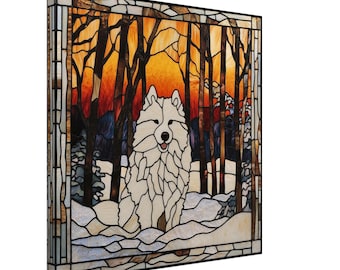 Fluffy Charm, Stained Glass Canvas Art of a Fluffy Samoyed, Faux Stained Glass Artwork