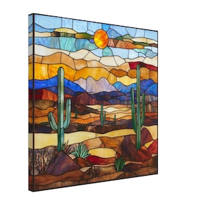 Desert Majesty, Stained Glass Canvas Art of a Desert Landscape with Cacti and Sunset, Faux Stained Glass Artwork