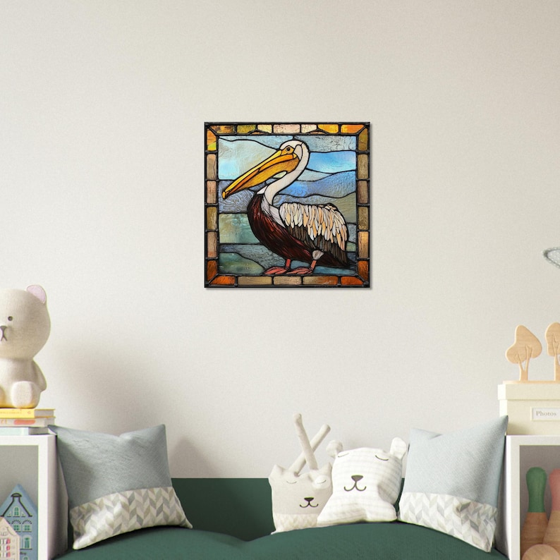 Guardian of Sanctuary, Stained Glass Canvas Art of a Noble Pelican, Faux Stained Glass Artwork image 5