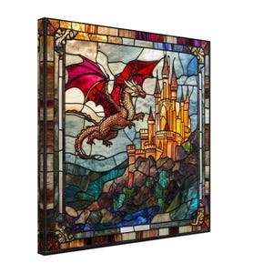 Mystical Dragon's Flight, Stained Glass Canvas Art of a Mystical Dragon, Faux Stained Glass Artwork