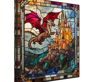 Der Flug des mystischen Drachen, Glasmalerei-Leinwand-Kunst eines mystischen Drachen, Glasmalerei-Kunstwerk