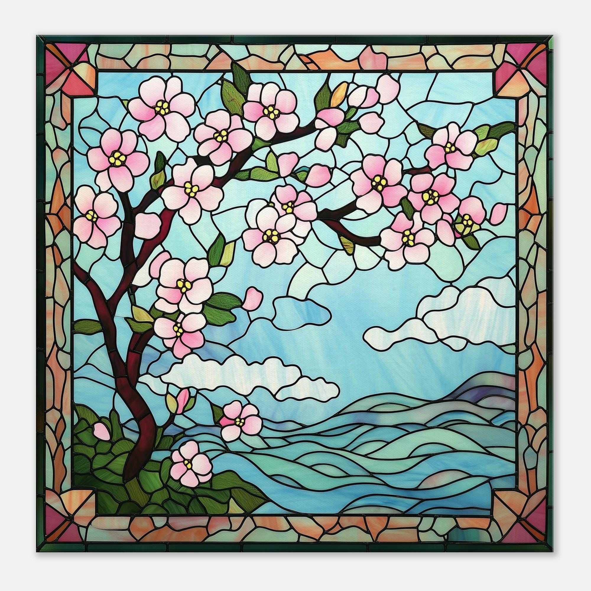 ローラ・クームス・ヒルズ ヴィンテージ ステンドグラス 花束 パステル画 絵画 優美な花、繊細な桜のステンドグラスキャンバスアート、フェイク