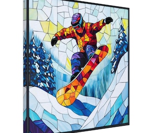 Aerial Snowboarder, Stained Glass Canvas Art of a Snowboarder in Mid-Air, Faux Stained Glass Artwork