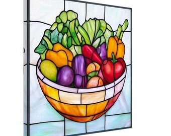 Harvest Bowl, Stained Glass Canvas Art of a Vibrant Bowl of Fruits and Vegetables, Faux Stained Glass Artwork