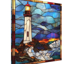 Beacon of Hope, Stained Glass Canvas Art of a Lighthouse, Faux Stained Glass Artwork
