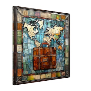 May include: A stained glass artwork depicting a world map with a vintage suitcase in the center. The map is surrounded by a border of small, colorful squares.