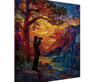 The Nature Photographer, Stained Glass Canvas Art of a Scenic Landscape, Faux Stained Glass Artwork