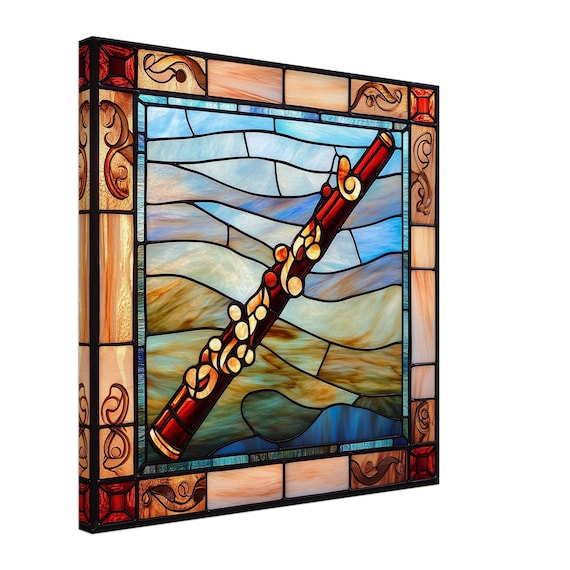 Melodic Woodwind, Stained Glass Canvas Art of a Flute, Faux