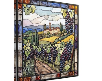 Tuscan Vineyard, Stained Glass Canvas Art of a Rolling Vineyard Landscape, Faux Stained Glass Artwork