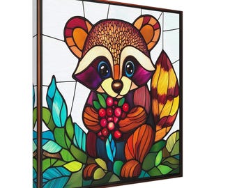 The Playful Forager, Stained Glass Canvas Art of an Adorable Raccoon, Faux Stained Glass Artwork