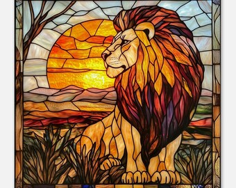 威厳ある守護者、雄大なライオンのステンドグラス キャンバス アート