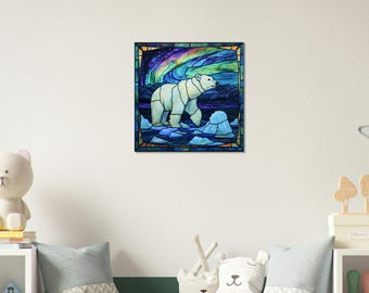 Arctic Majesty, Stained Glass Canvas Art of a Polar Bear, Faux