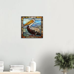 Guardian of Sanctuary, Stained Glass Canvas Art of a Noble Pelican, Faux Stained Glass Artwork image 3