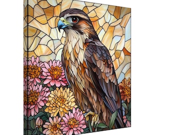 Regal Falcon, Stained Glass Canvas Art of a Majestic Bird Among Flowers, Faux Stained Glass Artwork