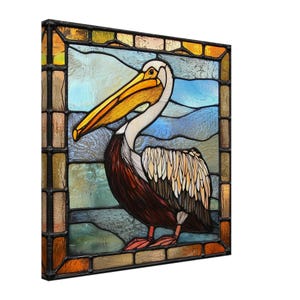 Guardian of Sanctuary, Stained Glass Canvas Art of a Noble Pelican, Faux Stained Glass Artwork image 1