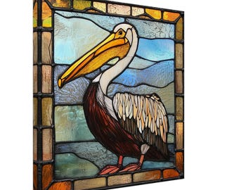 Guardian of Sanctuary, Stained Glass Canvas Art of a Noble Pelican, Faux Stained Glass Artwork