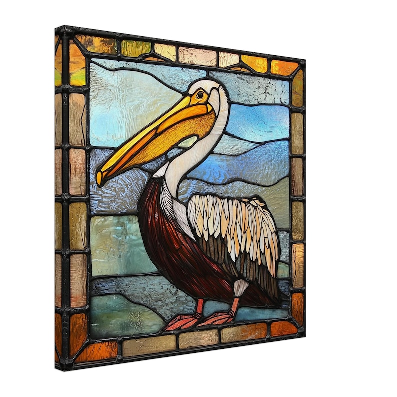 Guardian of Sanctuary, Stained Glass Canvas Art of a Noble Pelican, Faux Stained Glass Artwork image 1