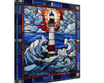 Guiding Light, Stained Glass Canvas Art of a Lighthouse, Faux Stained Glass Artwork