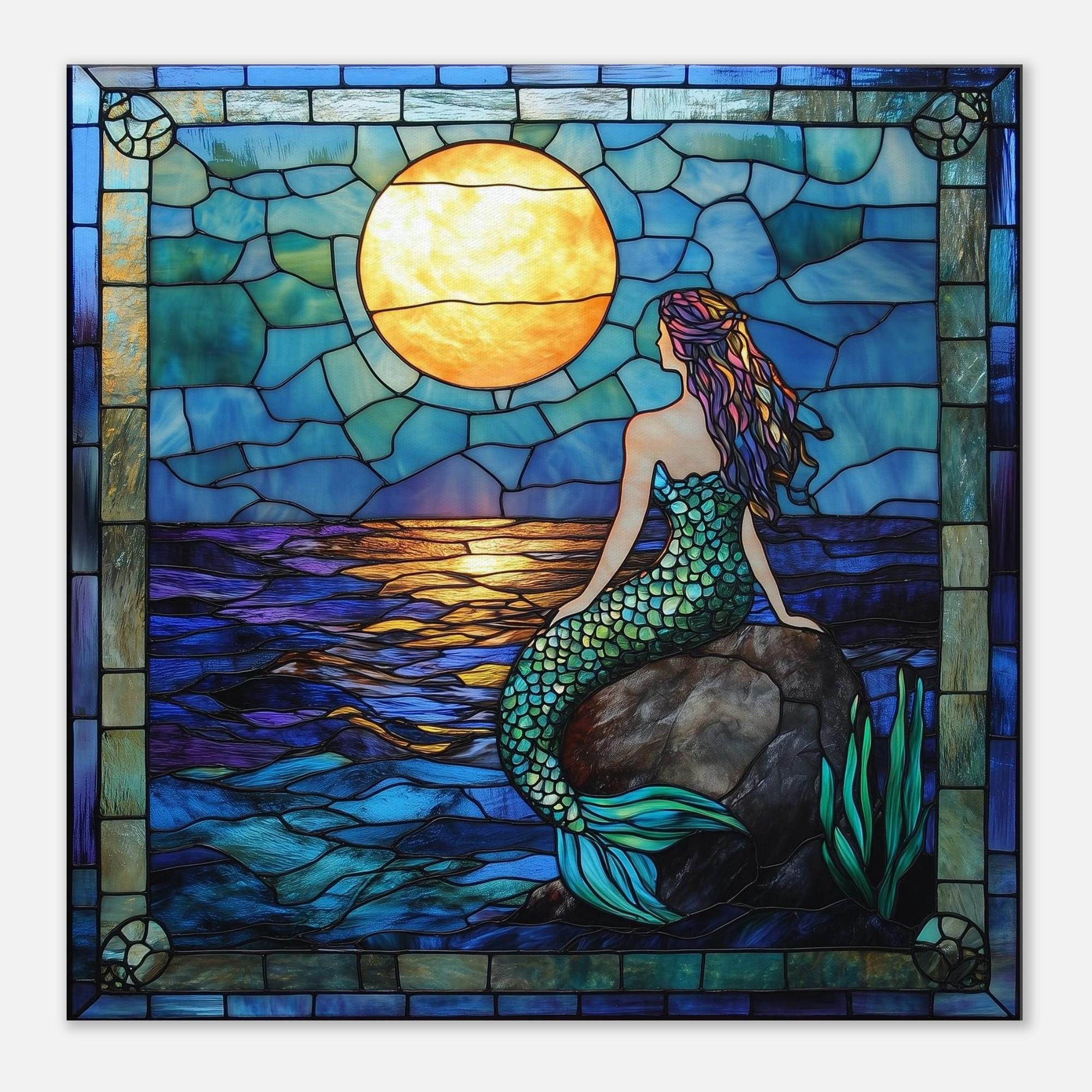 Mystical Siren, Stained Glass Canvas Art of a Mermaid, Faux