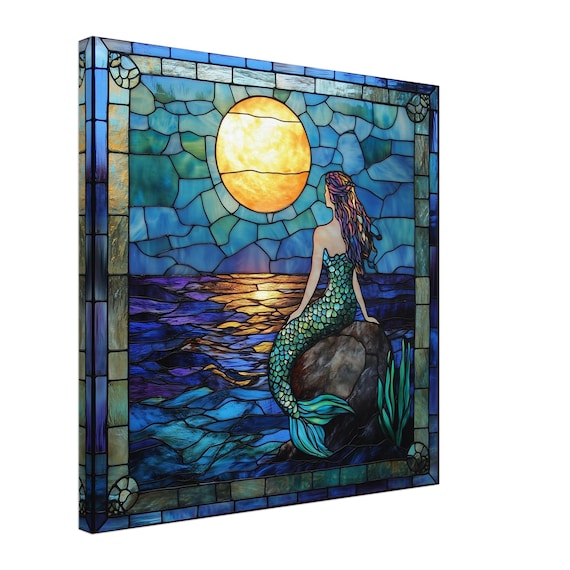 Mystical Siren, Stained Glass Canvas Art of a Mermaid, Faux