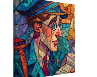 The Curious Gaze, Stained Glass Canvas Art of a Man in Spectacles, Faux Stained Glass Artwork