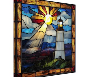 May include: A stained glass window featuring a lighthouse with a bright yellow sun shining behind it. The sky is blue with white clouds and the sea is a deep blue. The lighthouse is white with a black roof and a yellow light at the top. The window is framed in dark brown wood.