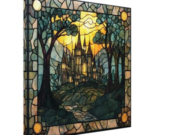 Luminous Realm, Stained Glass Canvas Art of a Glowing Elven City, Faux Stained Glass Artwork