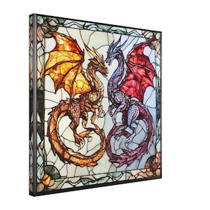 Epic Battle, Stained Glass Canvas Art of Two Dragons in Combat, Faux Stained Glass Artwork