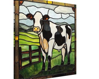 Holstein Cow in Field, Stained Glass Canvas Art of Farm Animal, Faux Stained Glass Artwork