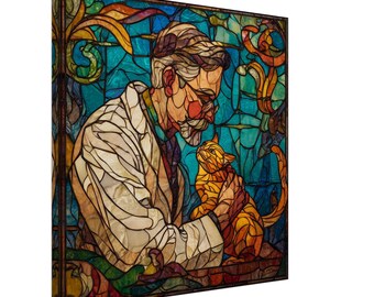 A Feline Friend, Stained Glass Canvas Art of a Man and His Cat, Faux Stained Glass Artwork