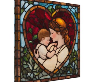 Heart of Motherhood, Stained Glass Canvas Art of a Mother Embracing Her Child, Faux Stained Glass Artwork