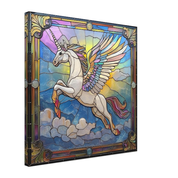 天空のペガサス、ステンドグラスキャンバスアート、雄大なペガサス