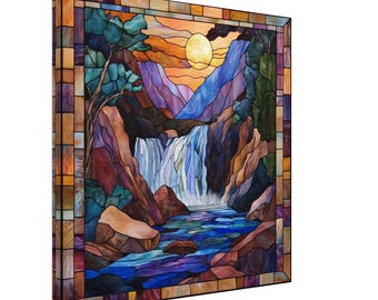 Majestic Waterfall, Stained Glass Canvas Art of a Cascading Waterfall, Faux Stained Glass Artwork