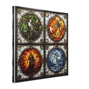 Personifications of the Four Seasons, Stained Glass Canvas Art of Seasonal Goddesses, Faux Stained Glass Artwork